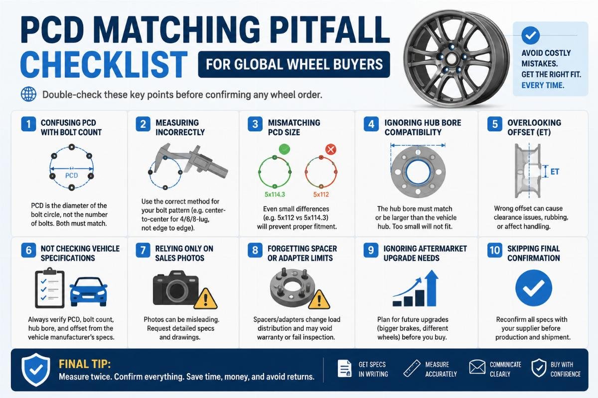 Checklist infographic listing PCD matching pitfalls to avoid before confirming a wheel order
