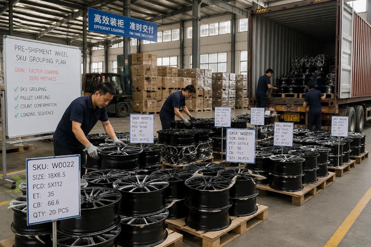 A factory team pre-grouping wheel SKUs on pallets ahead of container loading