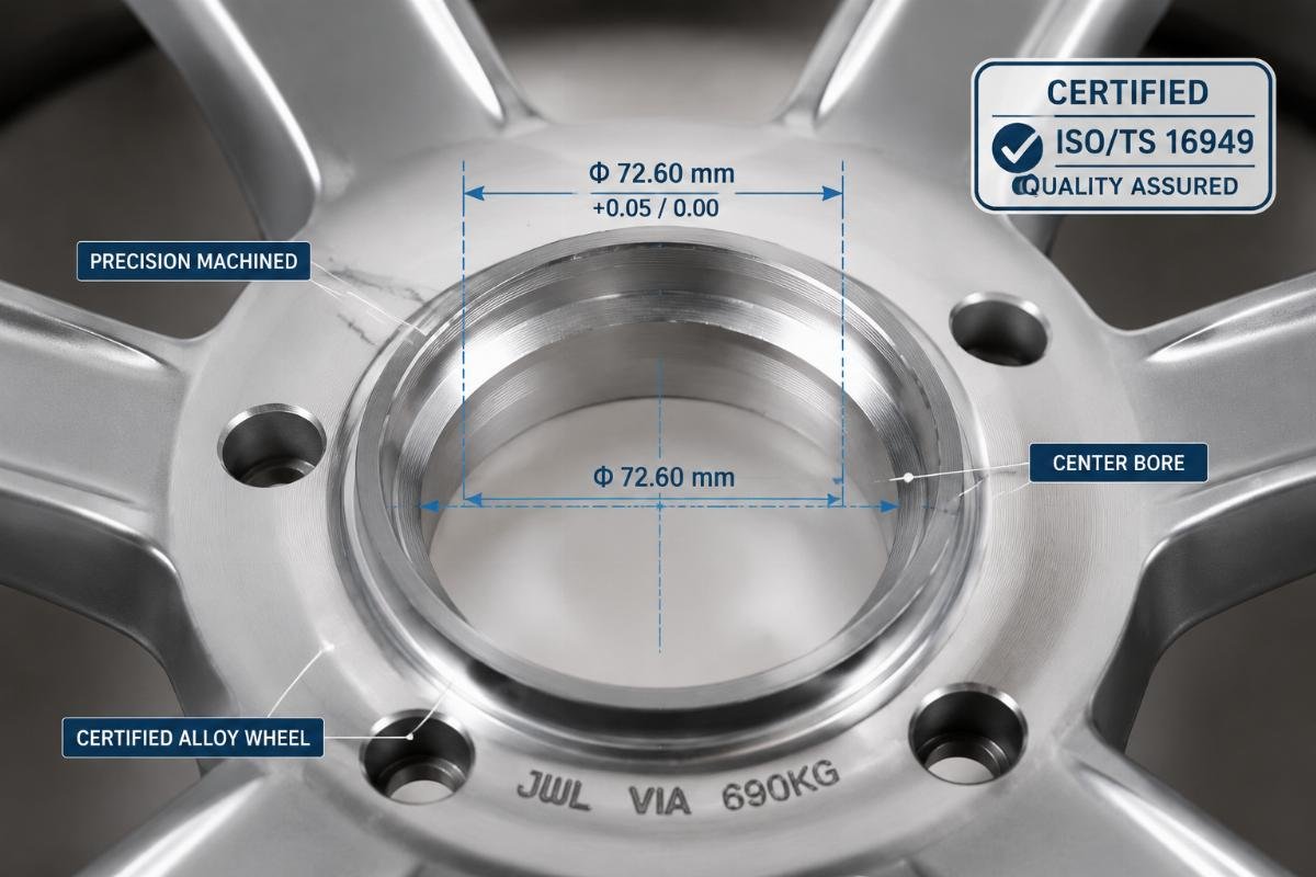 Alloy wheel center bore close-up with tolerance measurement marks