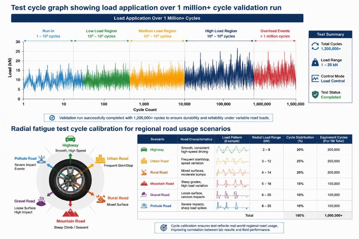 Radial fatigue test cycle calibration for regional road usage scenarios Test cycle graph showing load application over 1 million+ cycle validation run