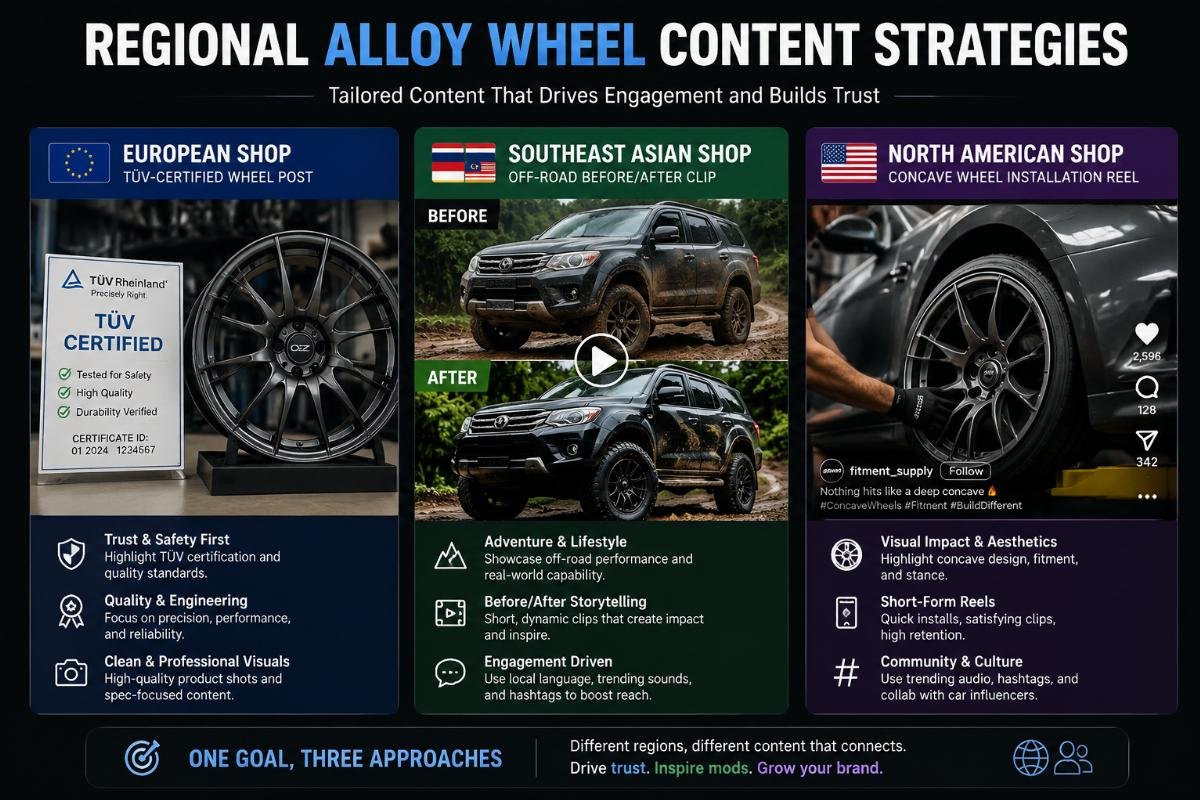 A grid of three content examples: one European shop's TüV-certified wheel post, one Southeast Asian shop's off-road before/after clip, one North American shop's concave wheel installation reel