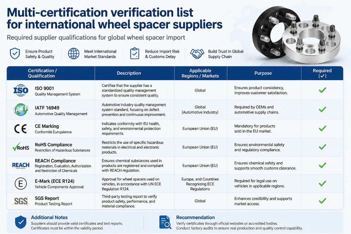 Required supplier qualifications for global wheel spacer import Multi-certification verification list for international wheel spacer suppliers