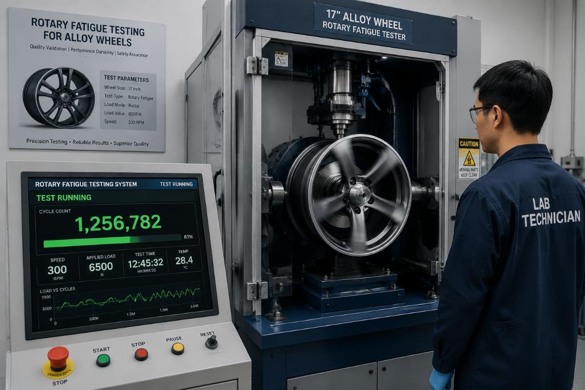 A certified lab technician running rotary fatigue testing on a 17 inch off-road alloy wheel, with real-time cycle count displayed on the control panel