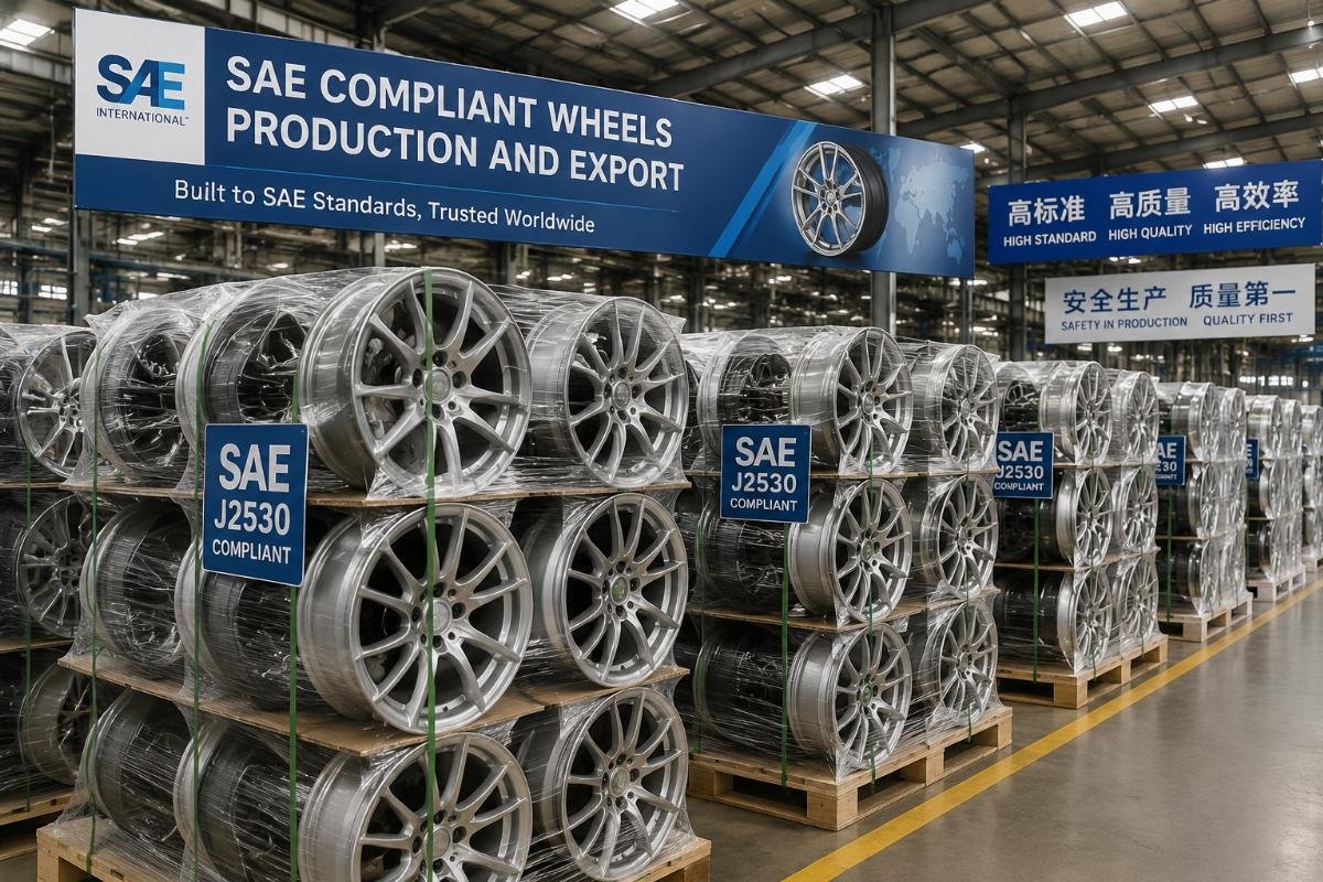 A batch of SAE-compliant alloy wheels ready for export at a Chinese factory warehouse