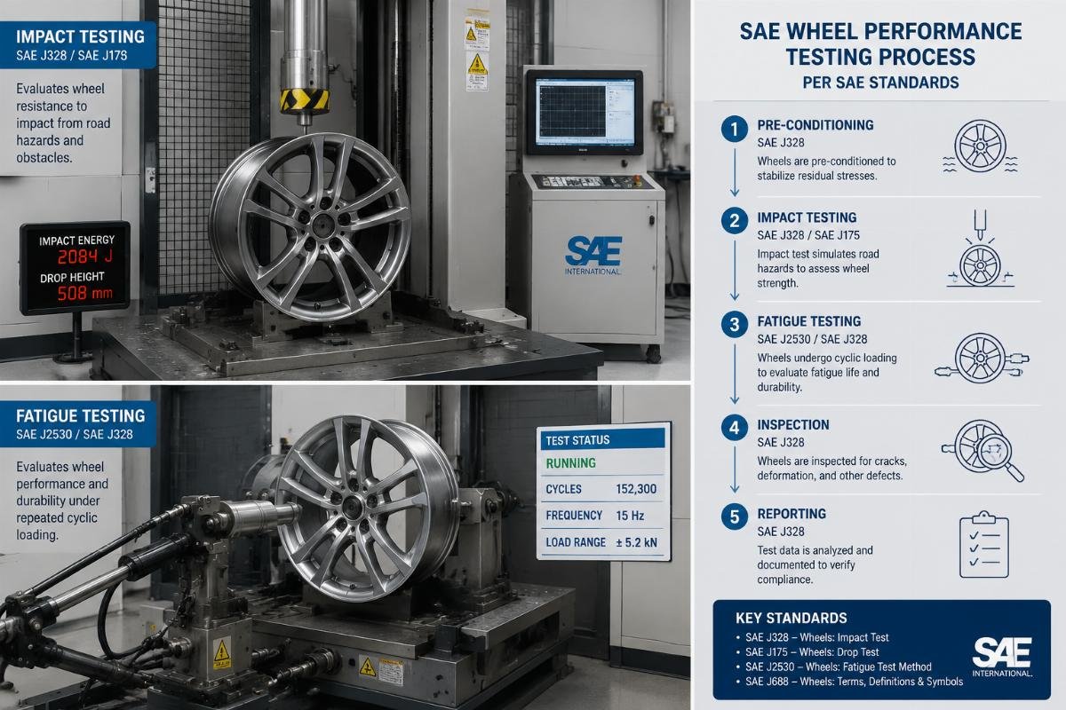 Test lab equipment conducting impact and fatigue testing on alloy wheels per SAE standards