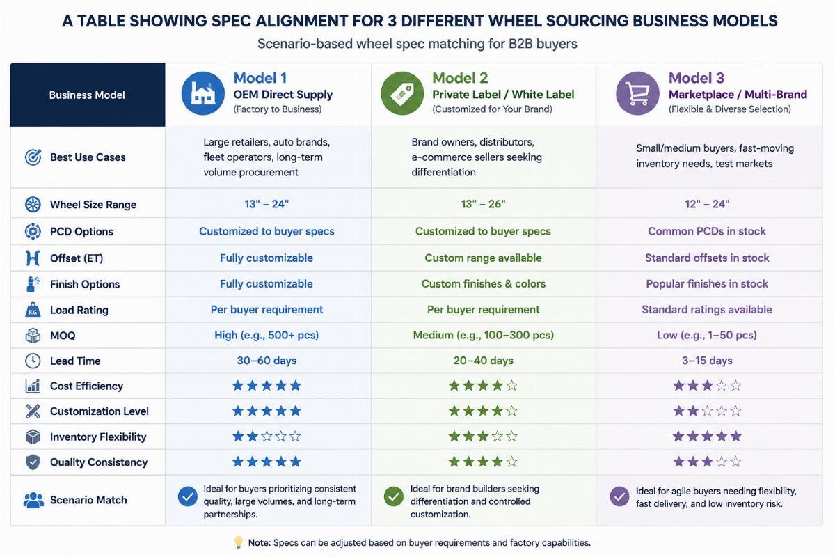 A table showing spec alignment for 3 different wheel sourcing business models
