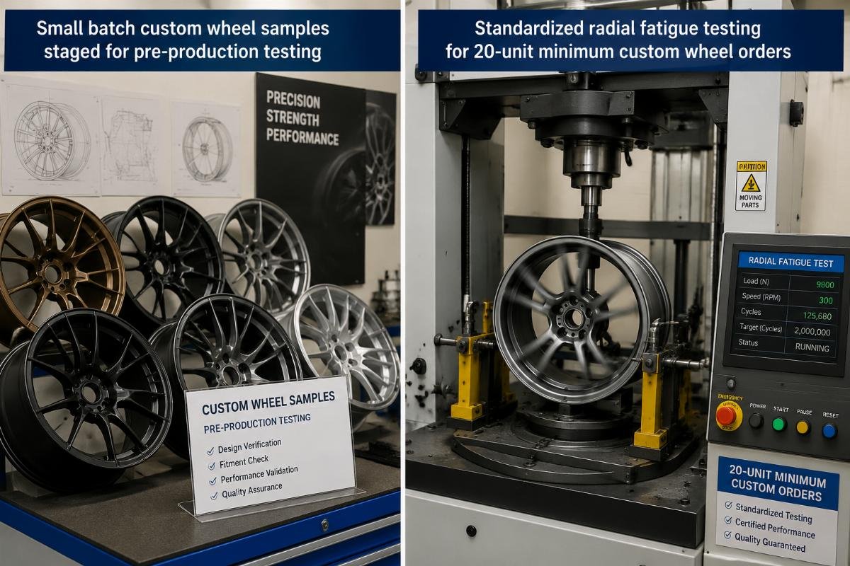 Standardized radial fatigue testing for 20-unit minimum custom wheel orders Small batch custom wheel samples staged for pre-production testing