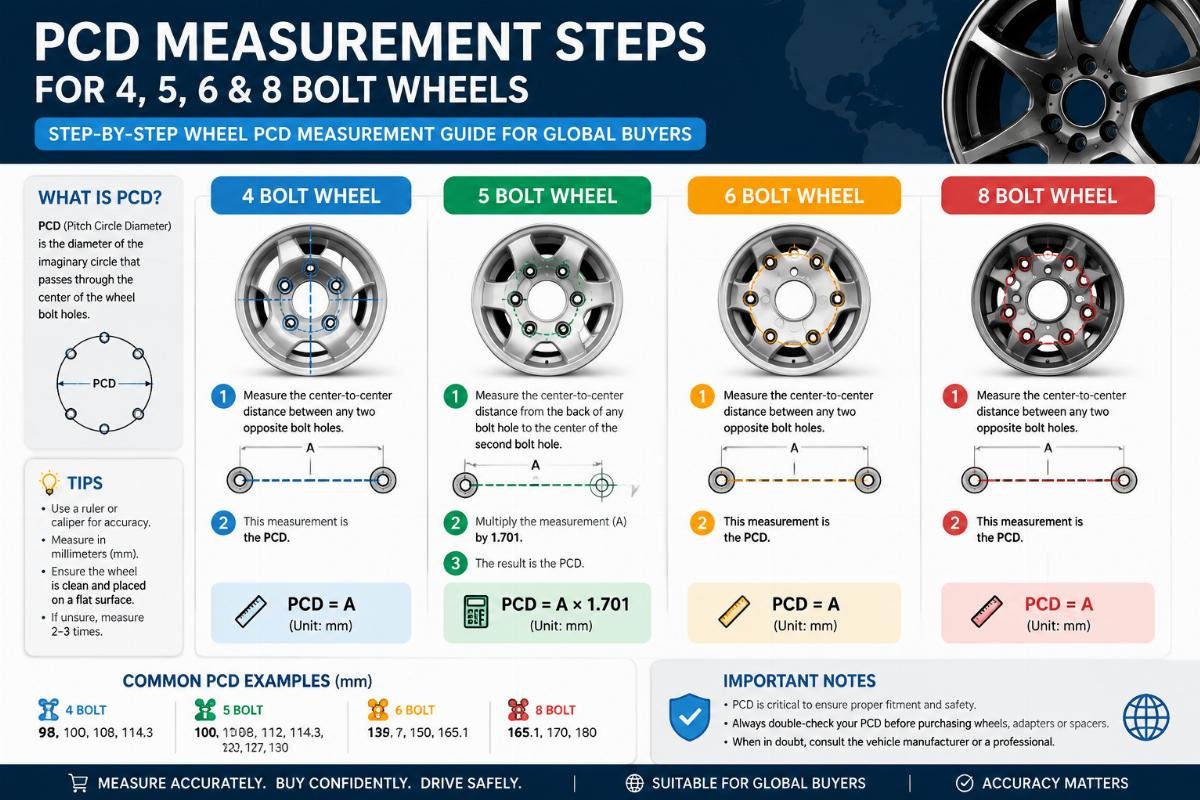 Infographic showing PCD measurement steps for 4,5,6 and 8 bolt wheels