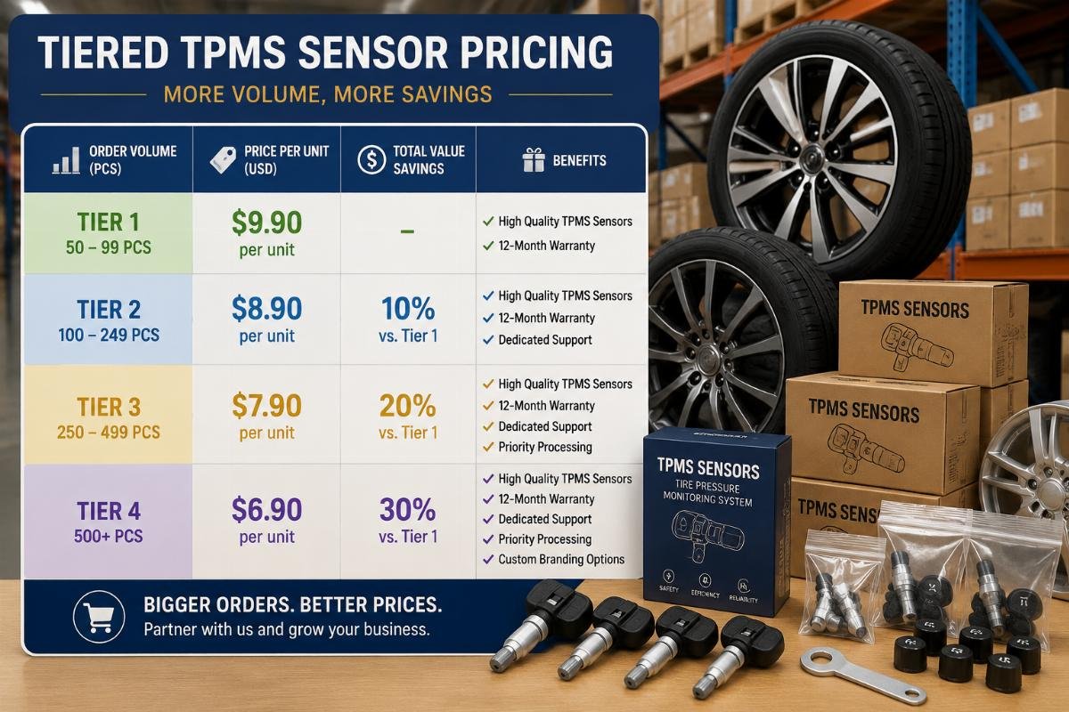 Tiered TPMS sensor pricing chart displayed next to stacked inventory of wheels and bundled components