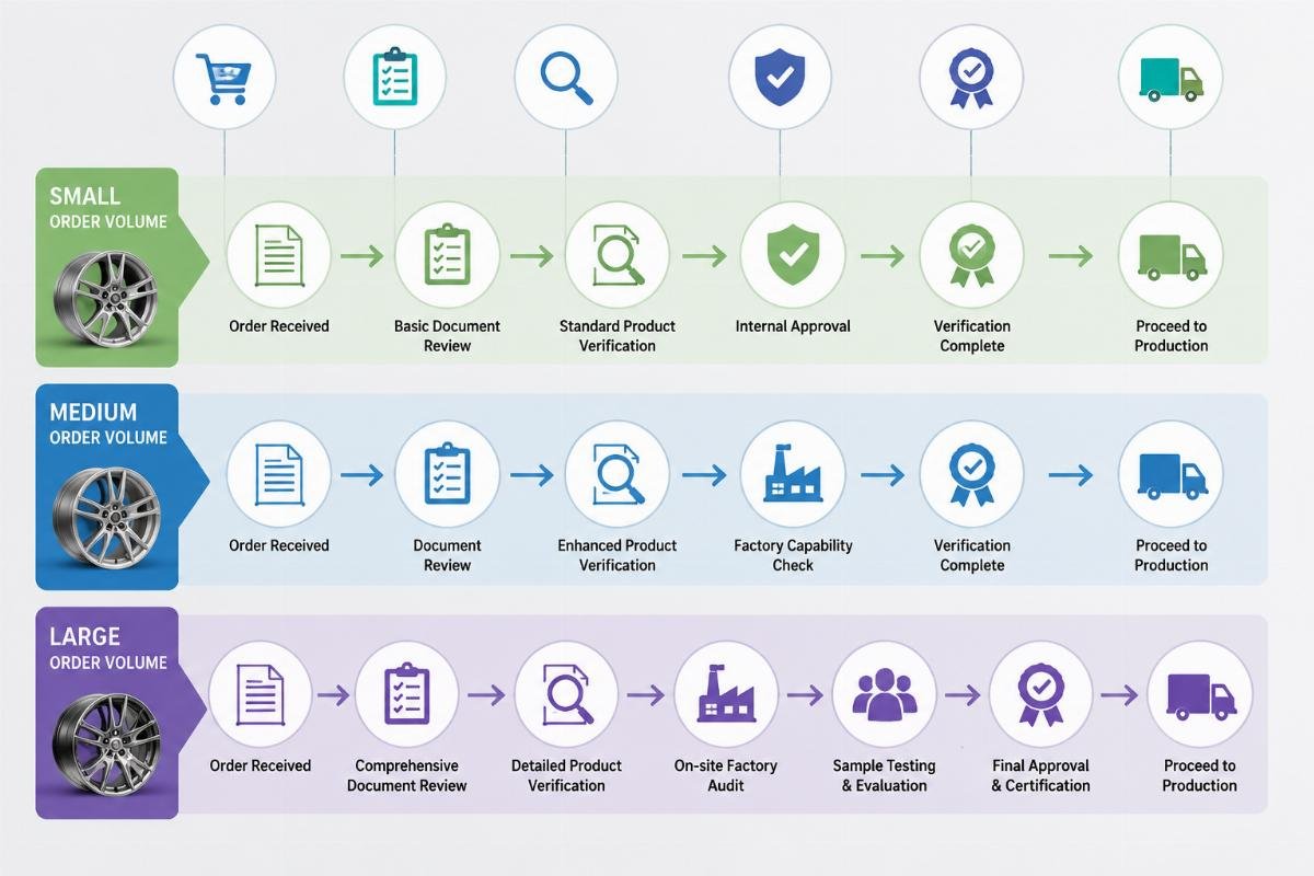 Tiered wheel certification verification process by order size A tiered verification process flowchart matching order volume to required due diligence steps