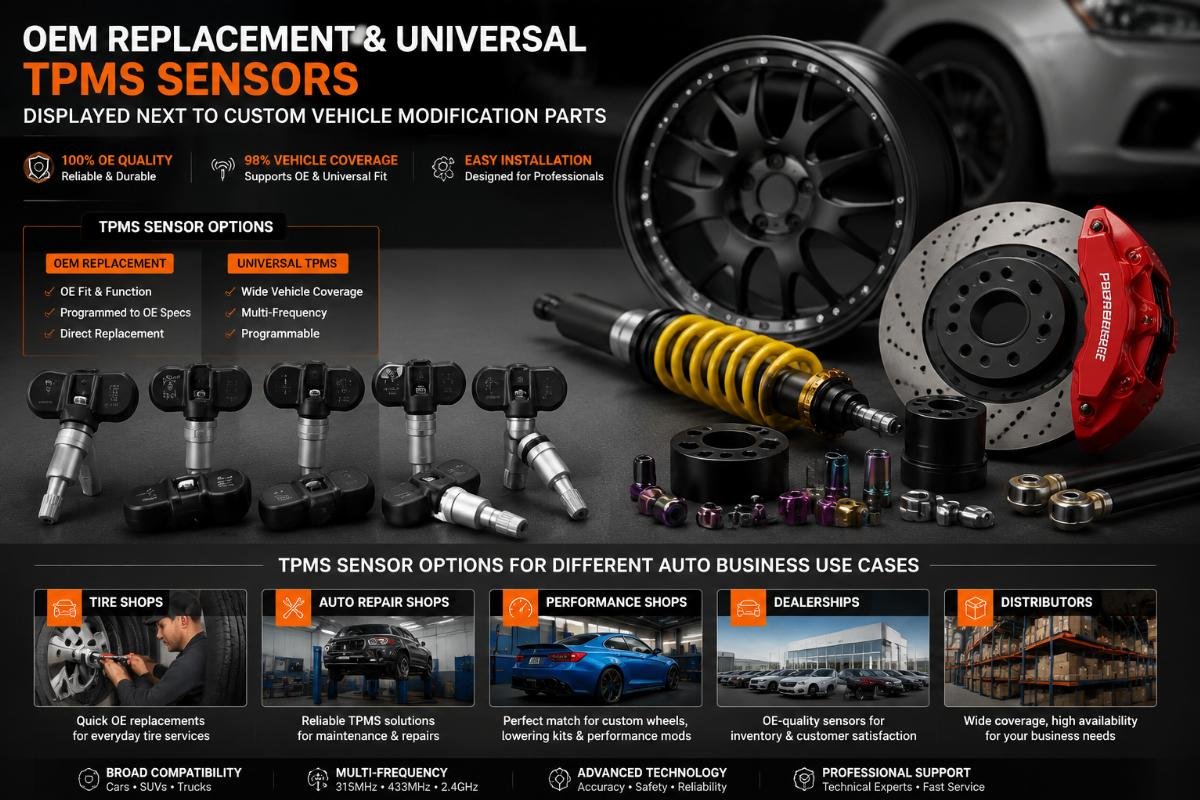 OEM replacement and universal TPMS sensors displayed next to custom vehicle modification parts