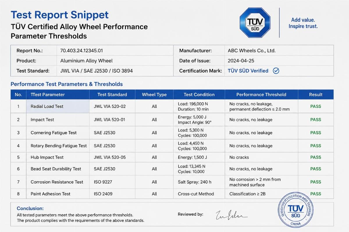 Test report snippet showing TüV certified alloy wheel performance parameter thresholds