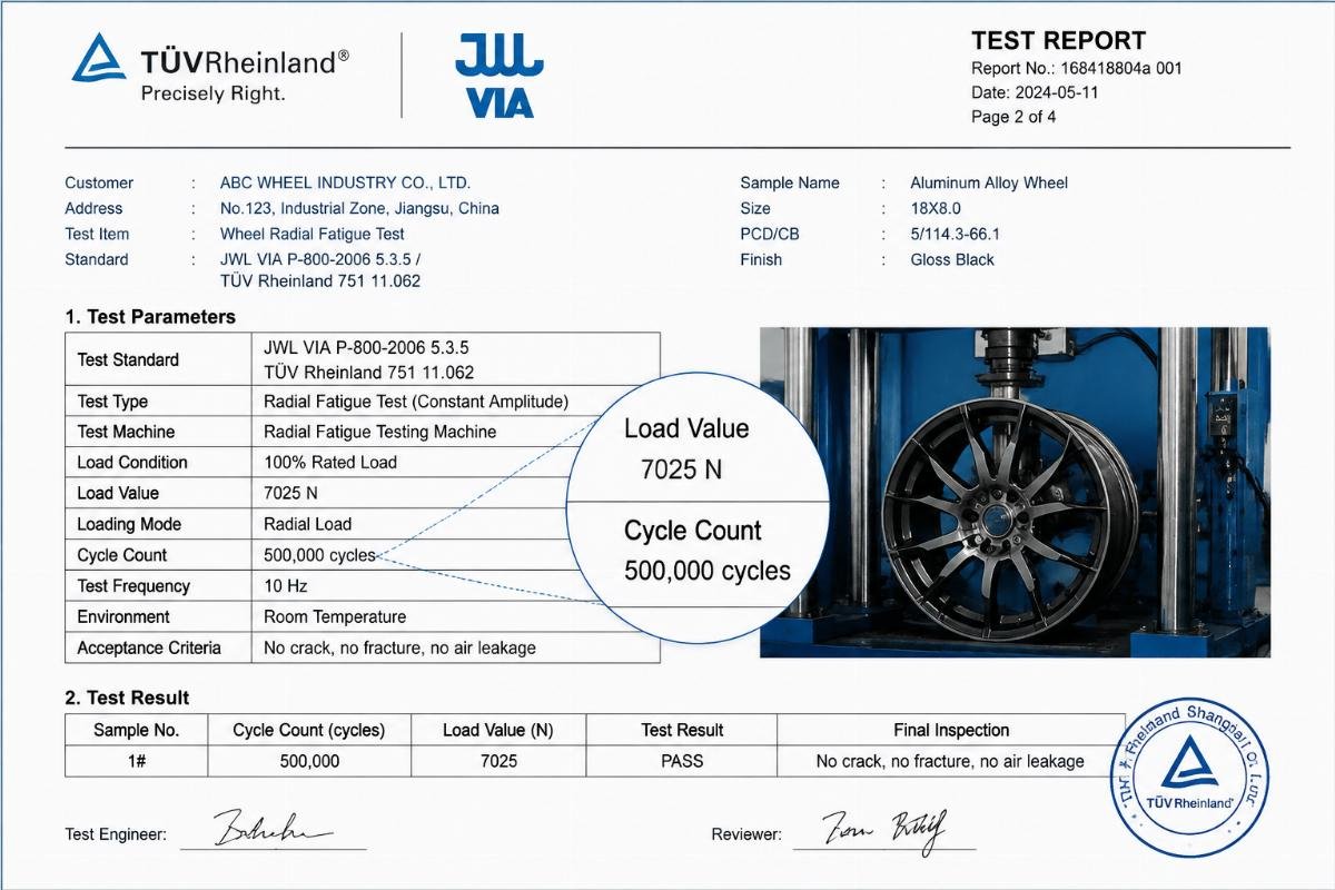 TüV and JWL compliant wheel radial fatigue test documentation Certified test report document snippet showing cycle count and load parameters