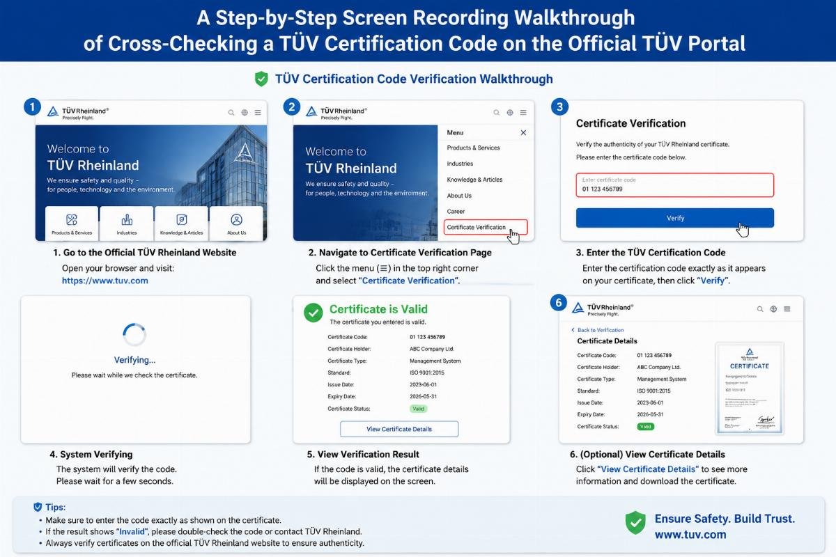 TüV certification code verification walkthrough A step-by-step screen recording walkthrough of cross-checking a TüV certification code on the official TüV portal