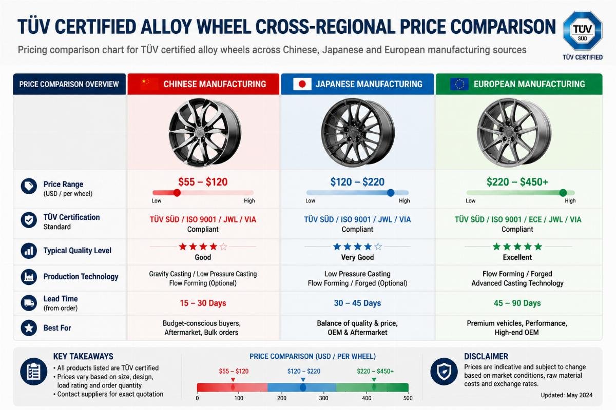Pricing comparison chart for TüV certified alloy wheels across Chinese, Japanese and European manufacturing sources