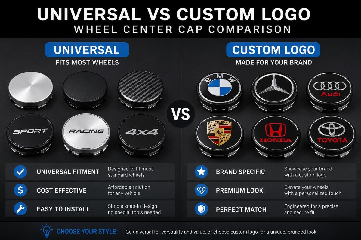 Universal and custom logo wheel center cap variants laid out side by side