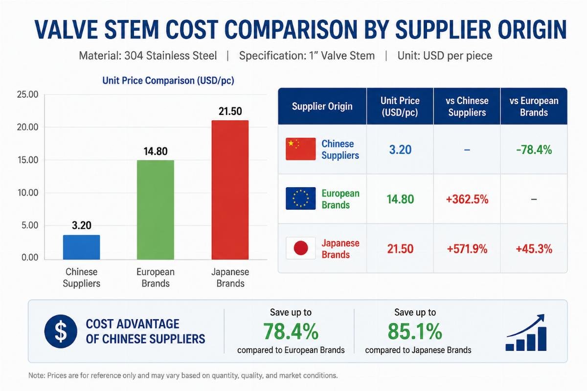 Cost comparison chart showing valve stem pricing from Chinese suppliers vs European and Japanese brands