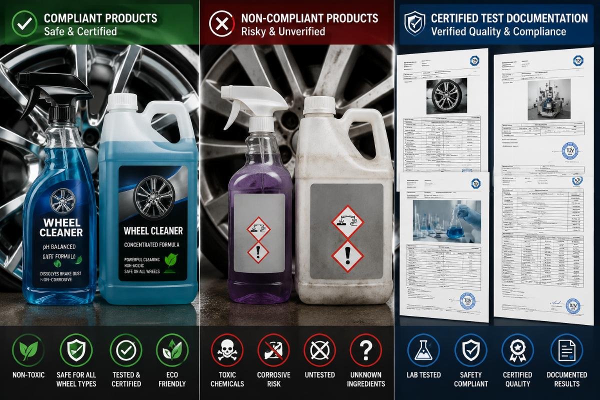 Side-by-side comparison of compliant and non-compliant wheel cleaning products alongside certified test documentation
