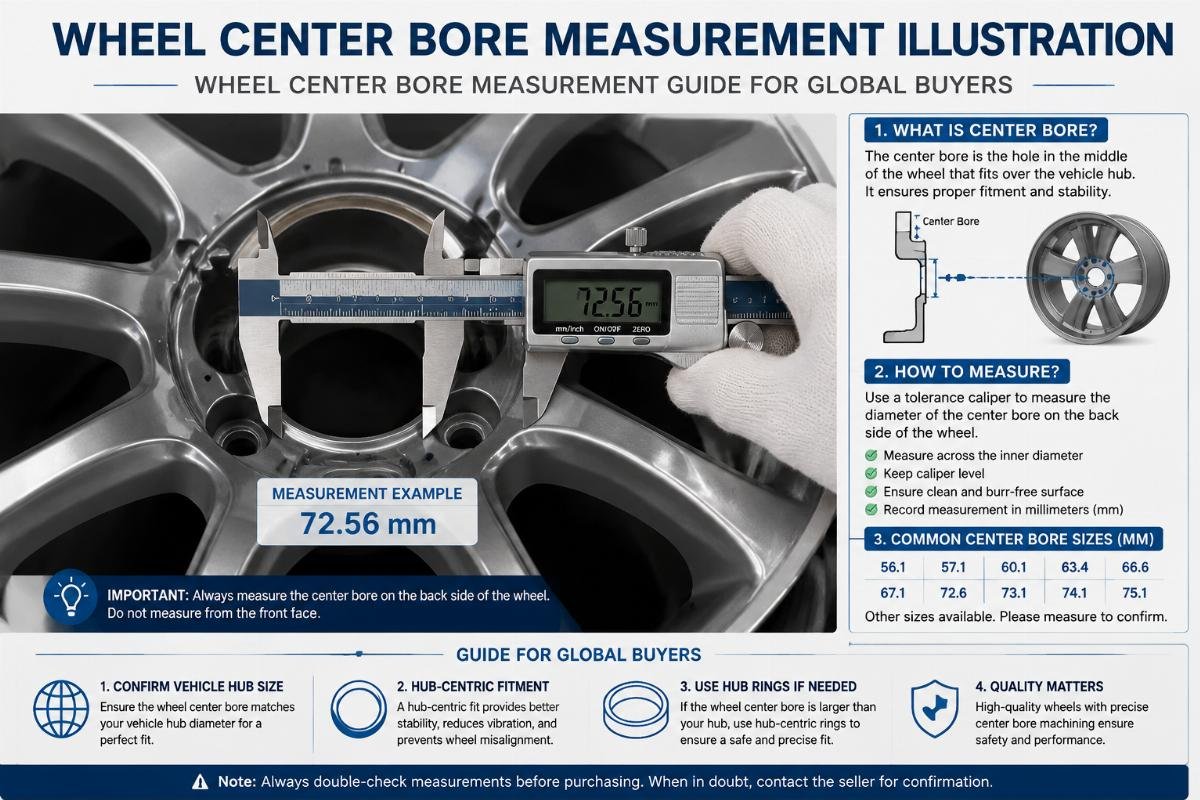 Wheel center bore measurement illustration showing tolerance caliper on alloy wheel
