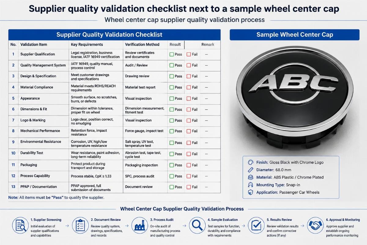 Supplier quality validation checklist next to a sample wheel center cap