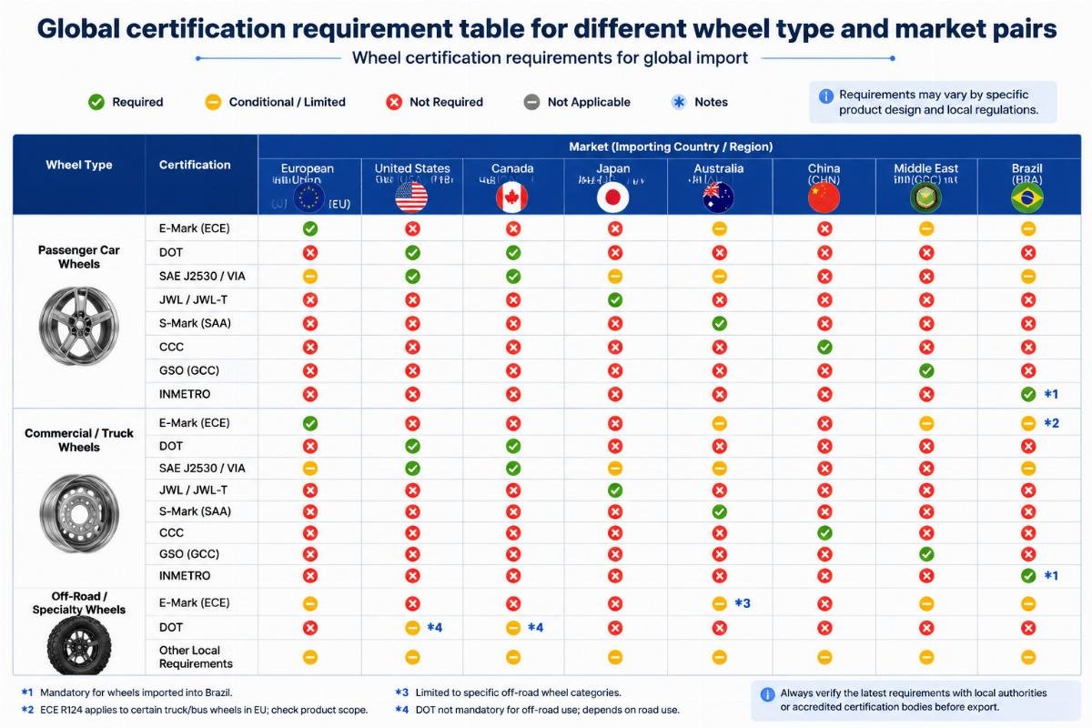 Wheel certification requirements for global import Global certification requirement table for different wheel type and market pairs