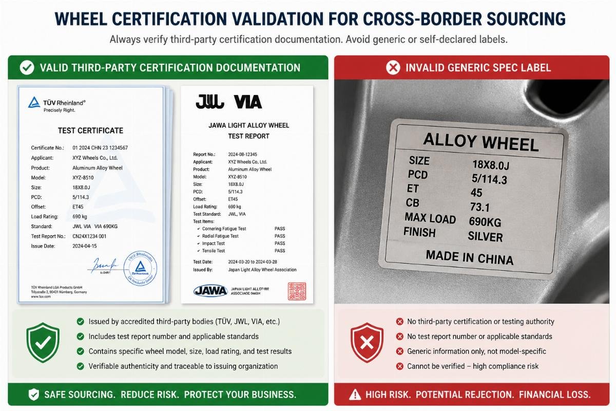 A side-by-side of valid third-party certification documentation and an invalid generic spec label