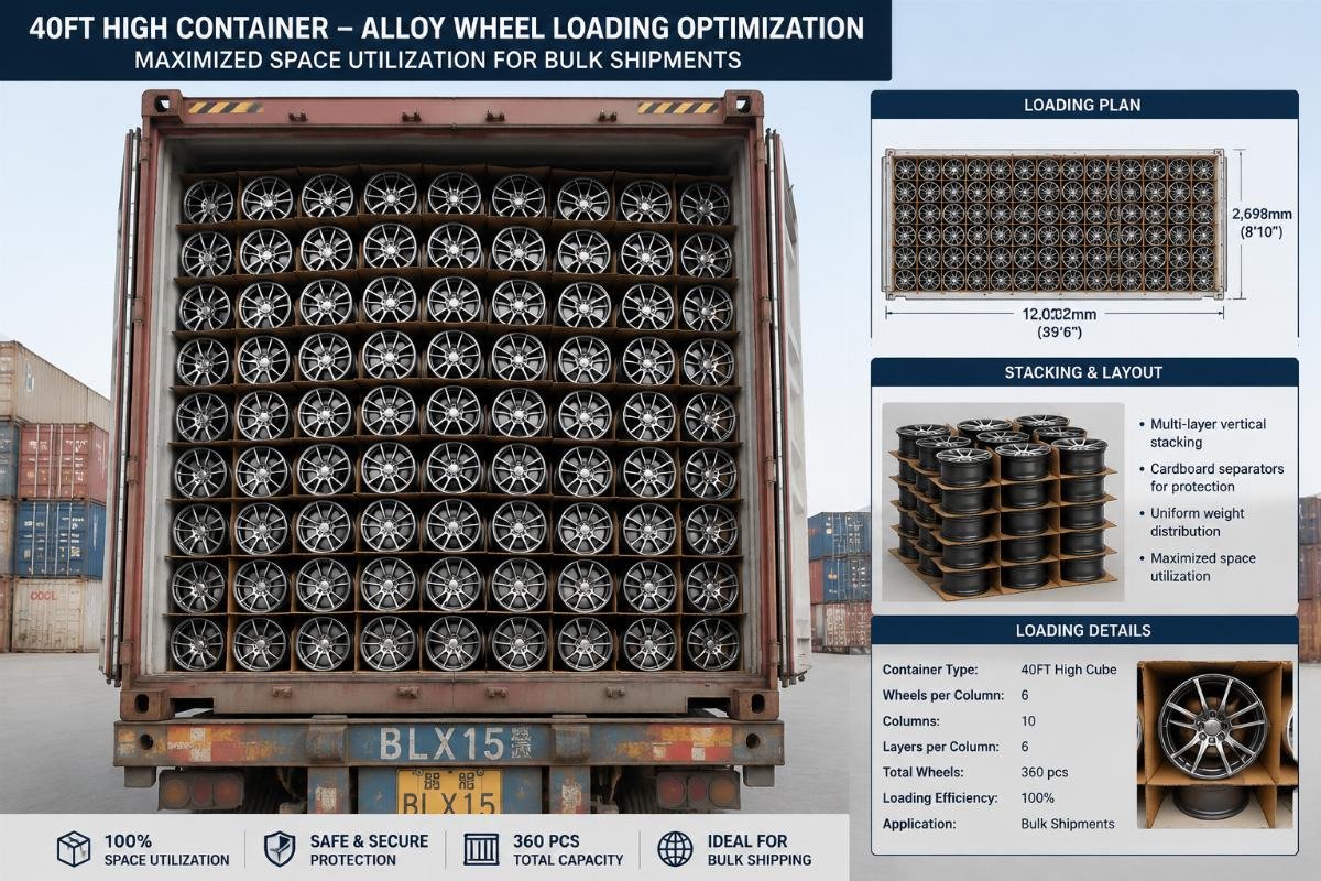 A 40ft high container loaded with stacked alloy wheels showing full, optimized space utilization