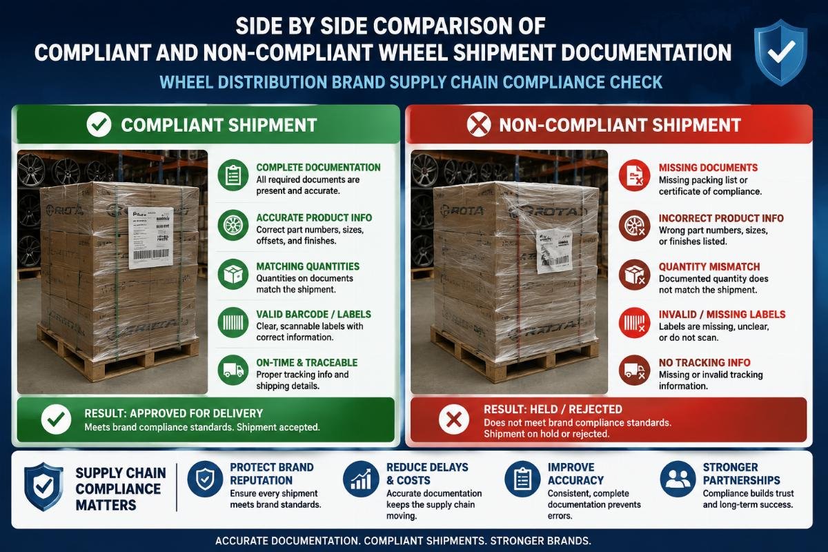 Side by side comparison of compliant and non-compliant wheel shipment documentation
