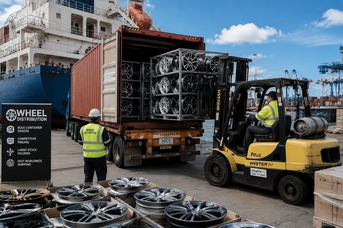 A regional wheel distributor unloads a full container of alloy wheels from a shipping vessel