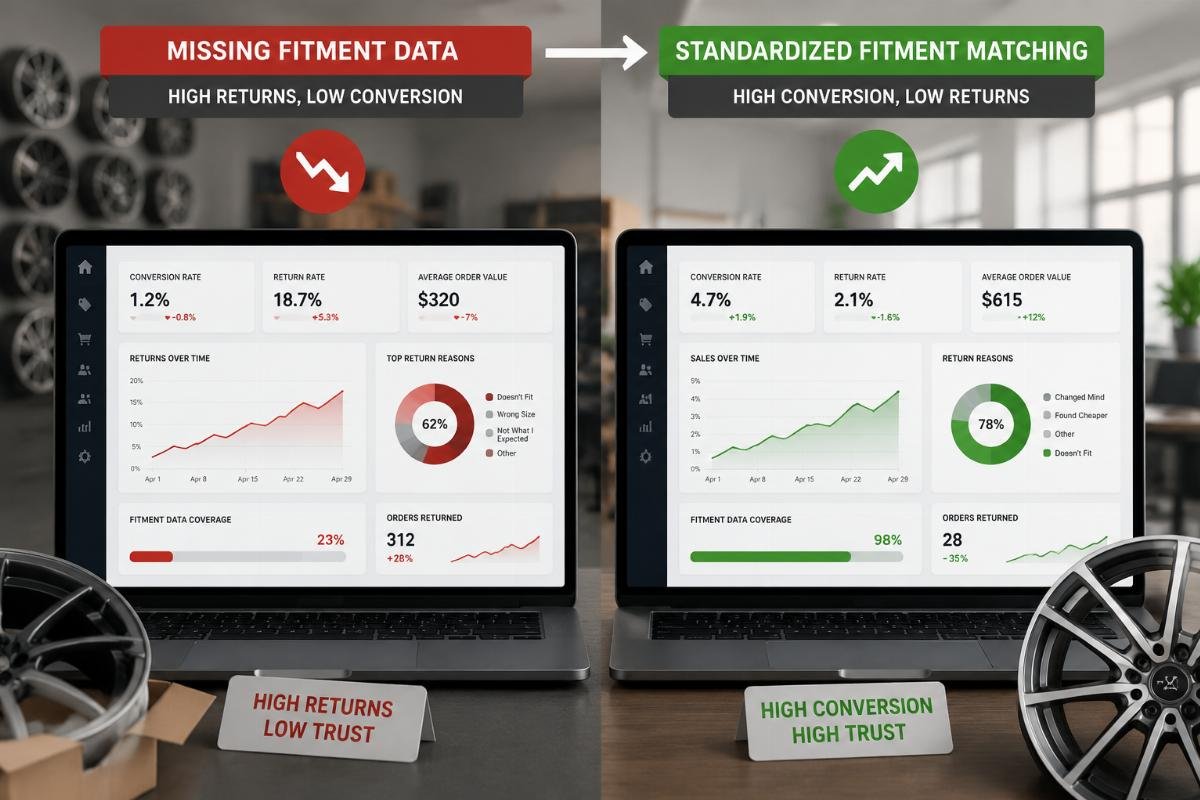 Side-by-side comparison of two wheel e-commerce site dashboards, one showing high return rates from missing fitment data and the other showing high conversion with standardized fitment matching