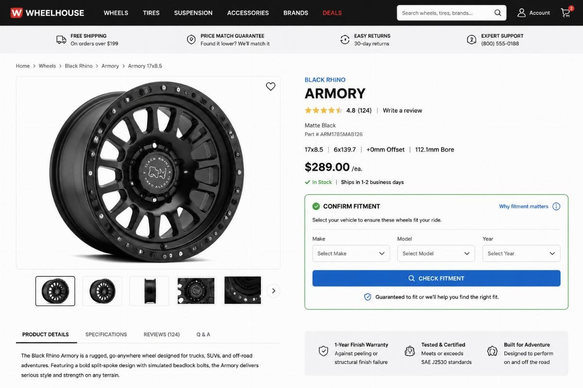 Screenshot of a one-click vehicle fitment selector on a wheel product page, showing a dropdown for make, model and year
