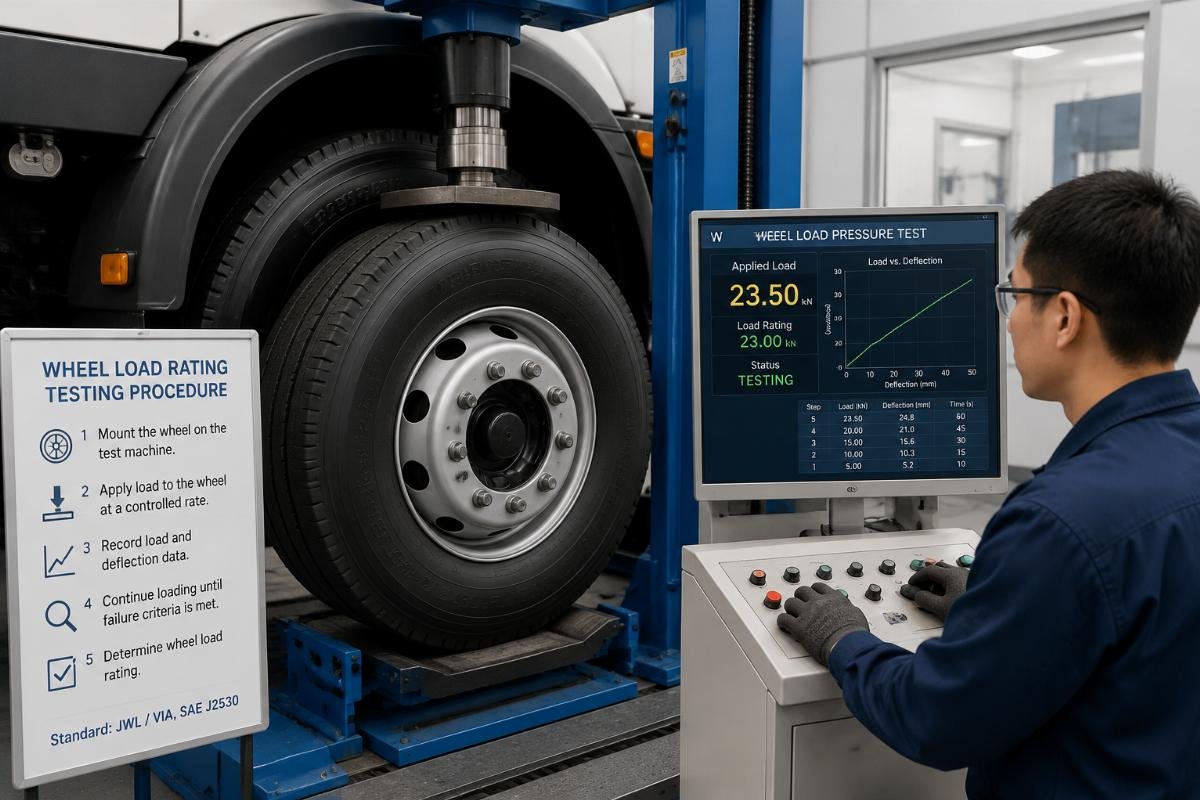 A lab technician running a load pressure test on a truck wheel