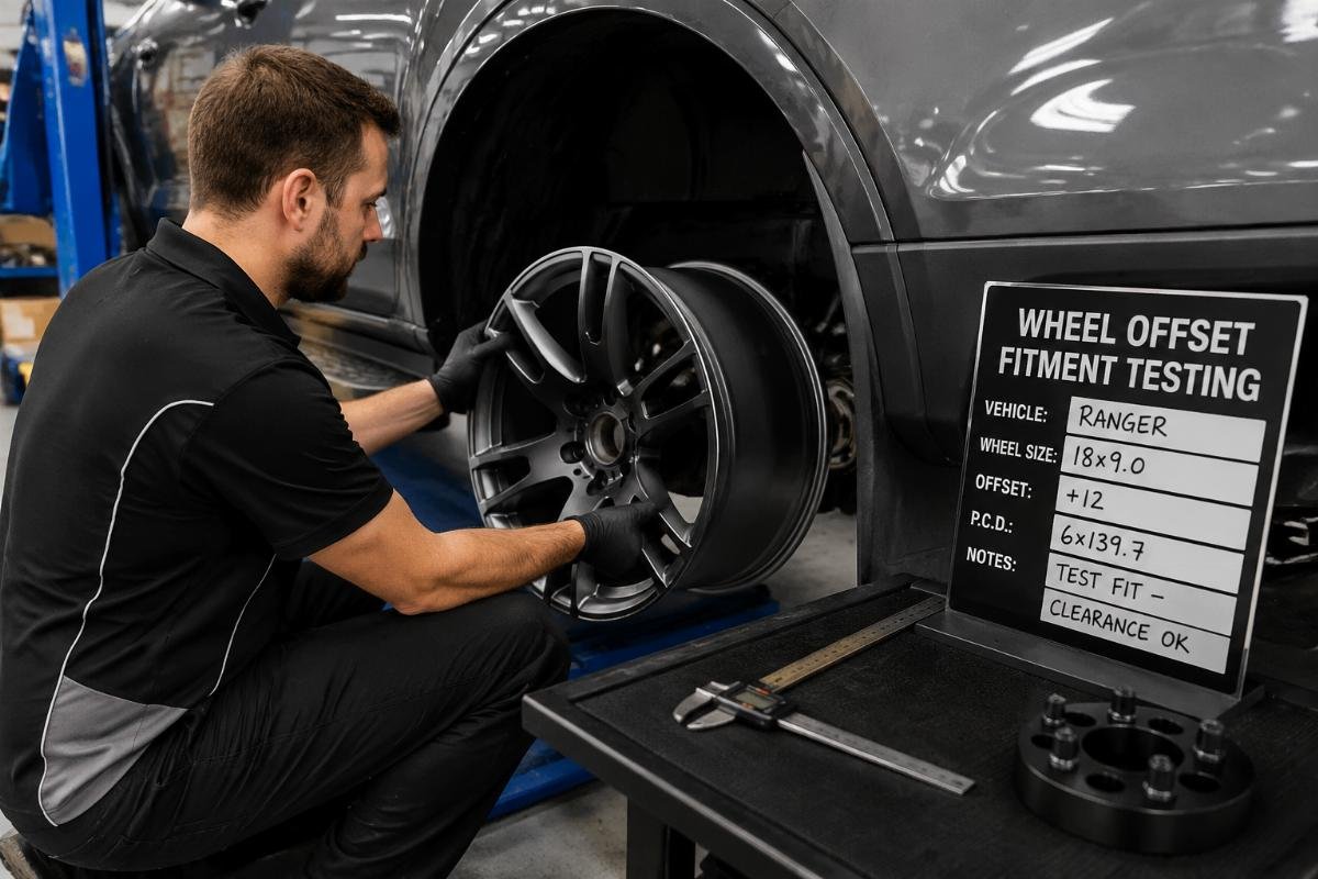 Workshop technician fitting an alloy wheel to a vehicle to test offset fitment