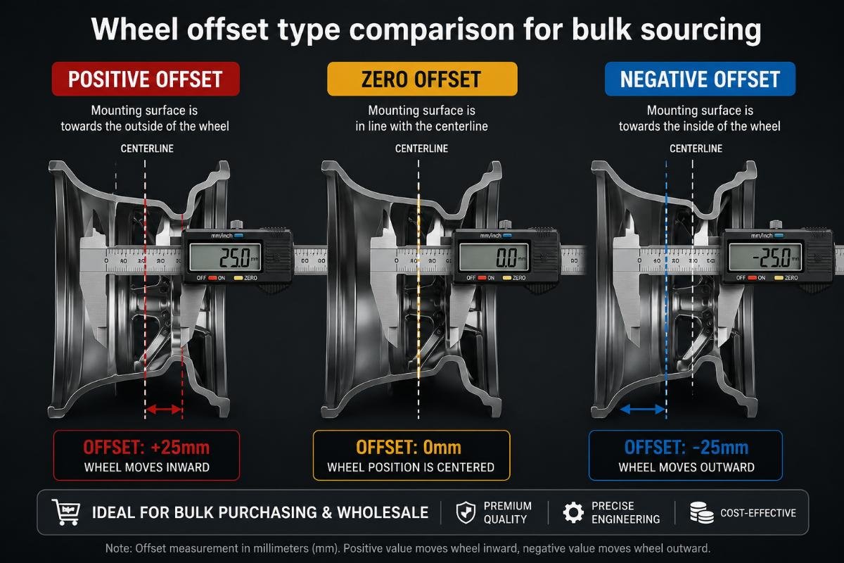 Three sets of alloy wheels marked with positive, zero and negative offset labels side by side with measuring calipers