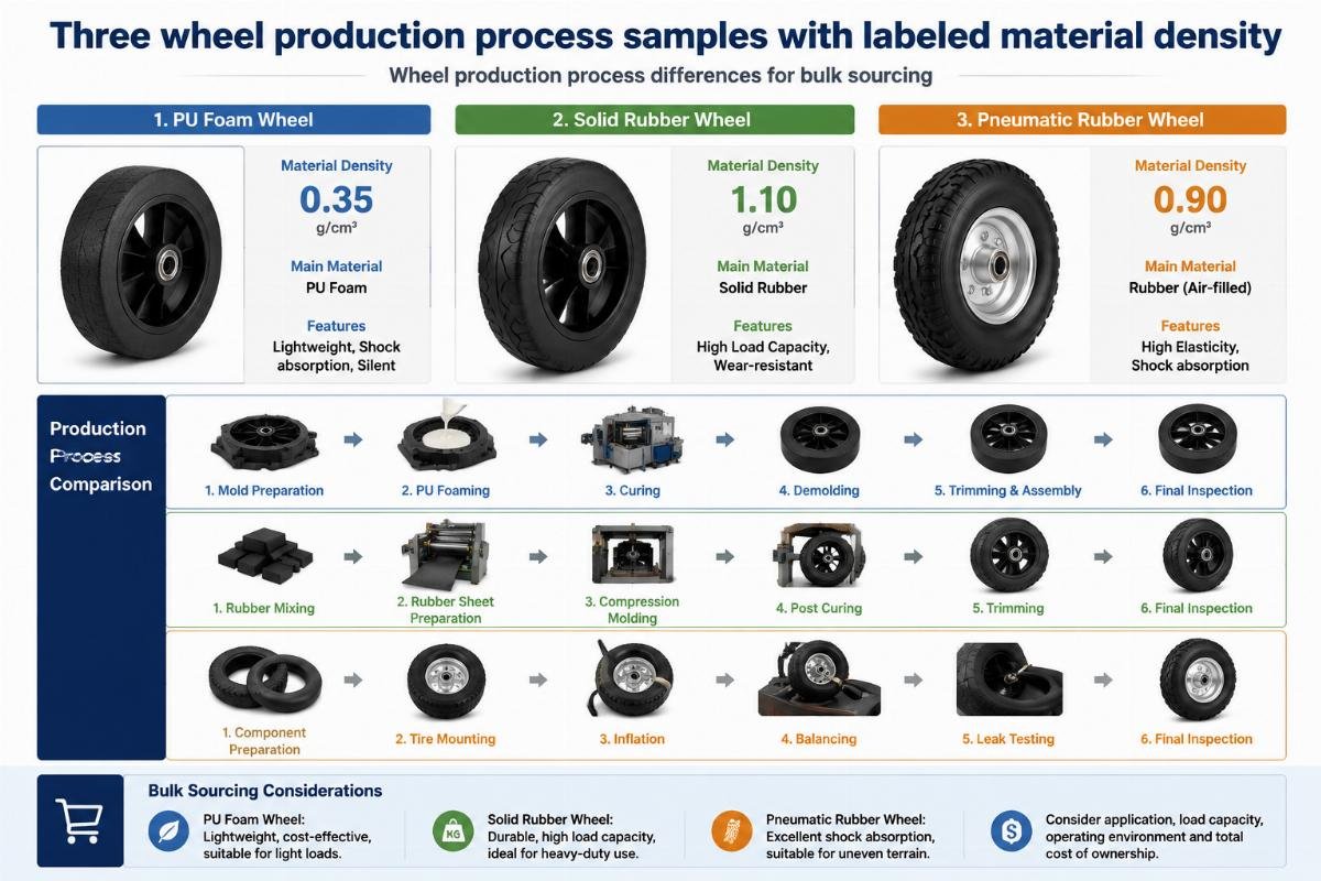 Wheel production process differences for bulk sourcing Three wheel production process samples with labeled material density