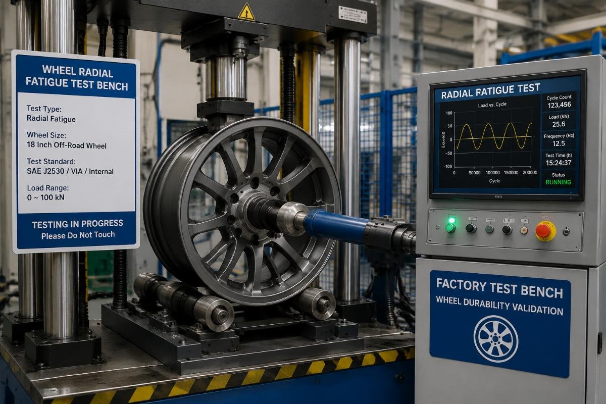 Factory test bench running radial fatigue cycle validation for 18 inch off-road wheels