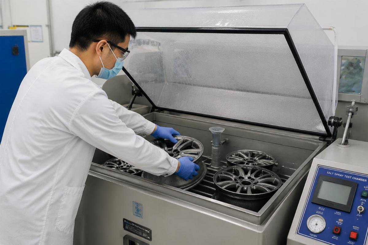 A lab technician placing alloy wheel samples into a controlled salt spray testing chamber