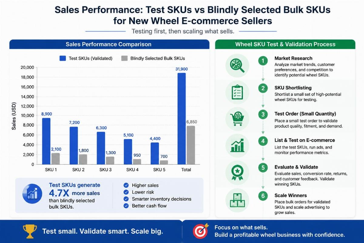 Bar chart showing sales performance of test SKUs vs blindly selected bulk SKUs for new wheel e-commerce sellers