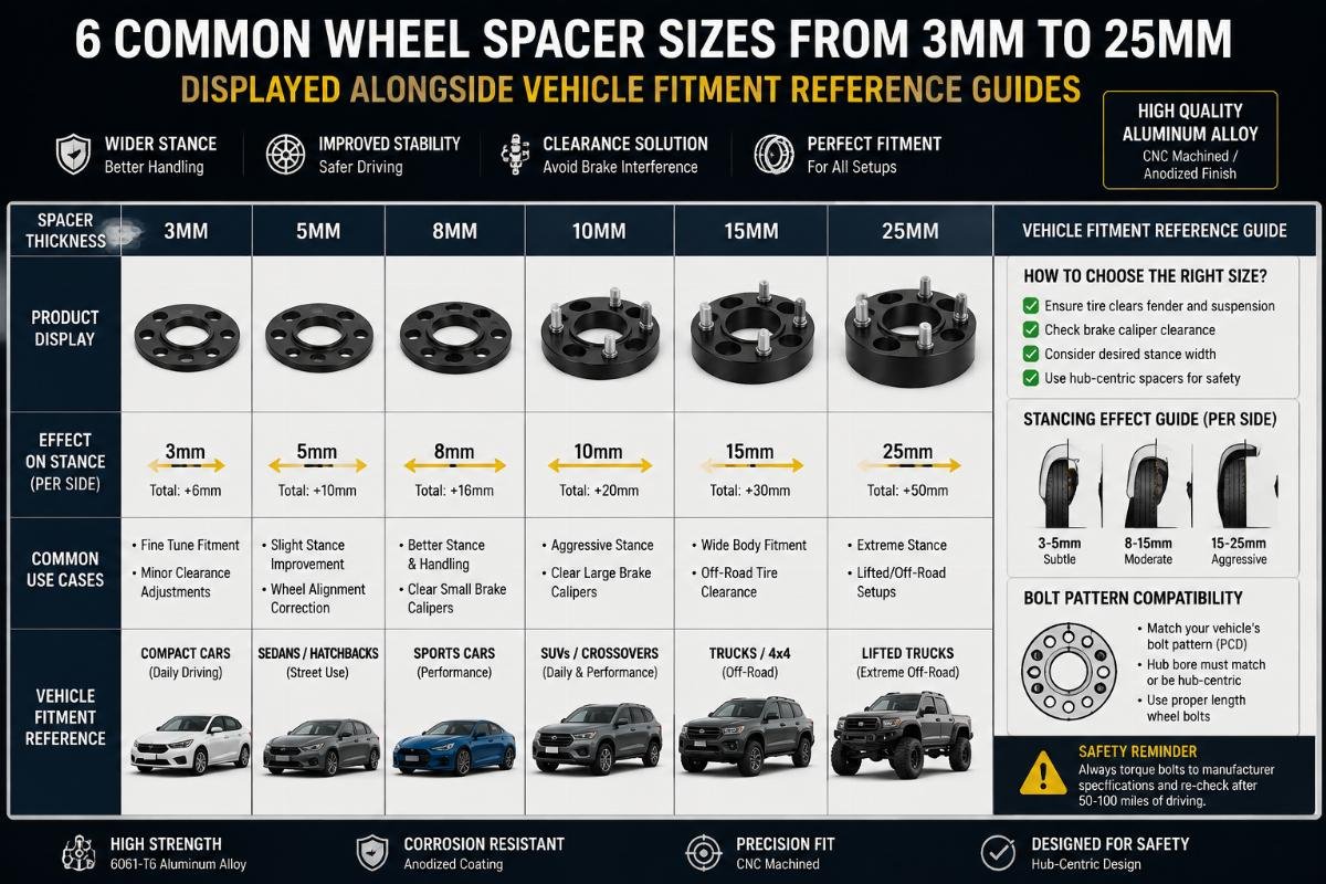 6 common wheel spacer sizes from 3mm to 25mm displayed alongside vehicle fitment reference guides