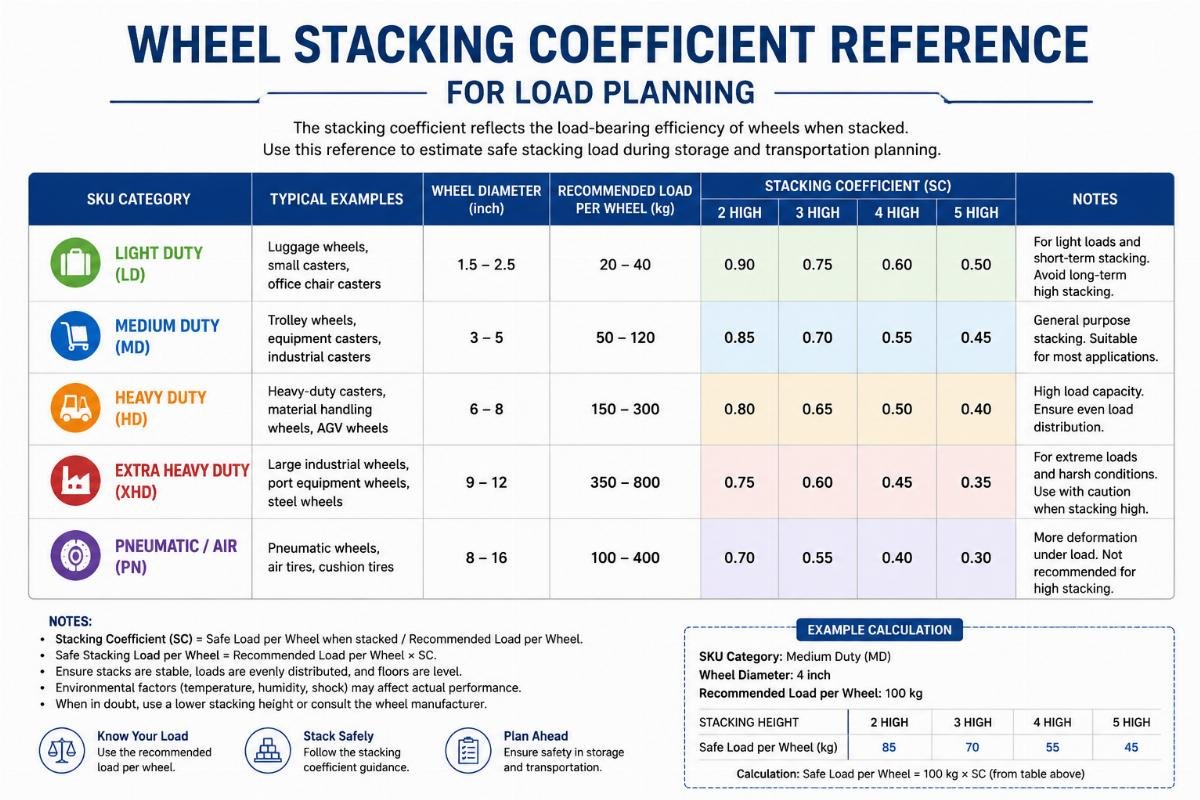 A printed reference table showing wheel size stacking coefficients for common SKU categories