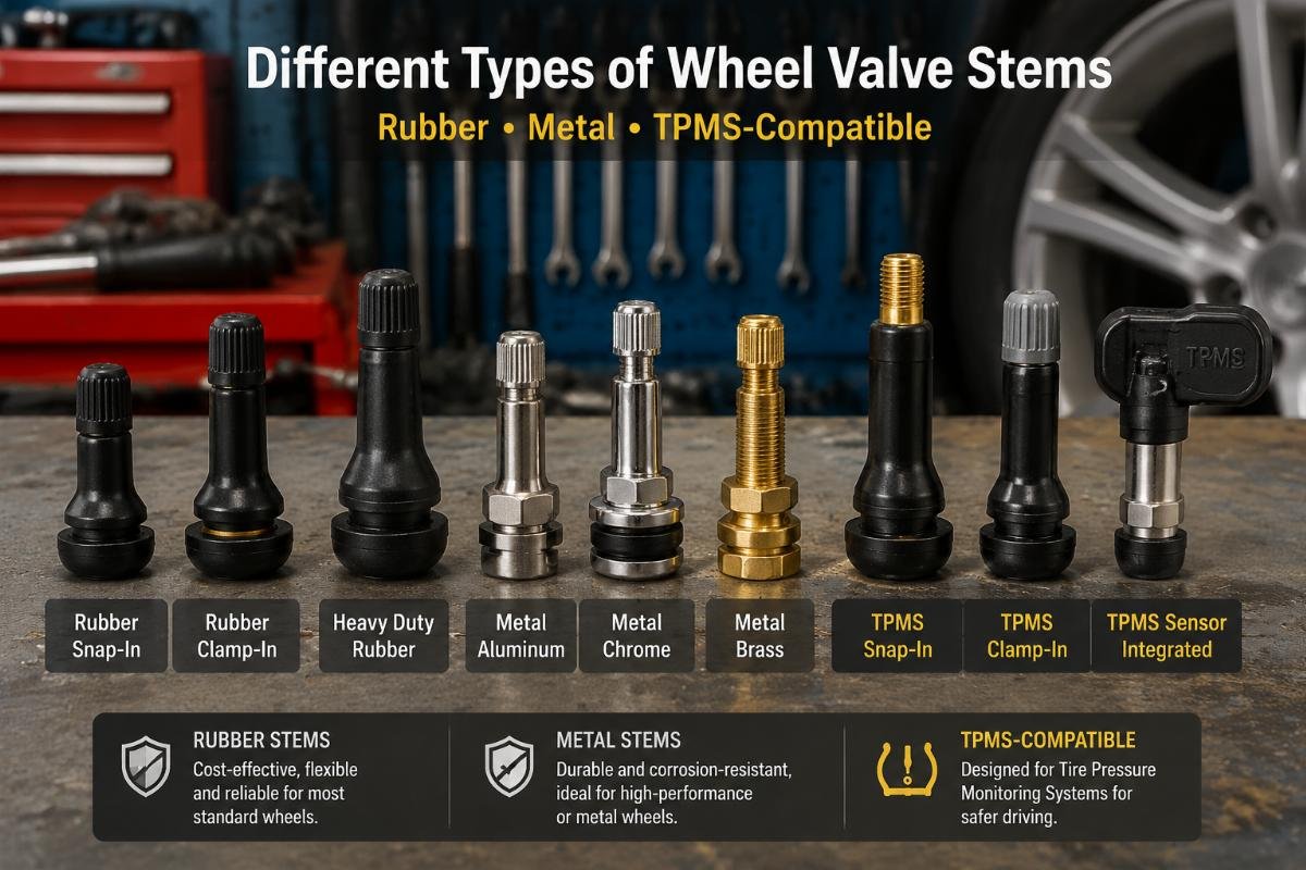 Different types of wheel valve stems including rubber, metal and TPMS-compatible variants laid out on a workshop workbench