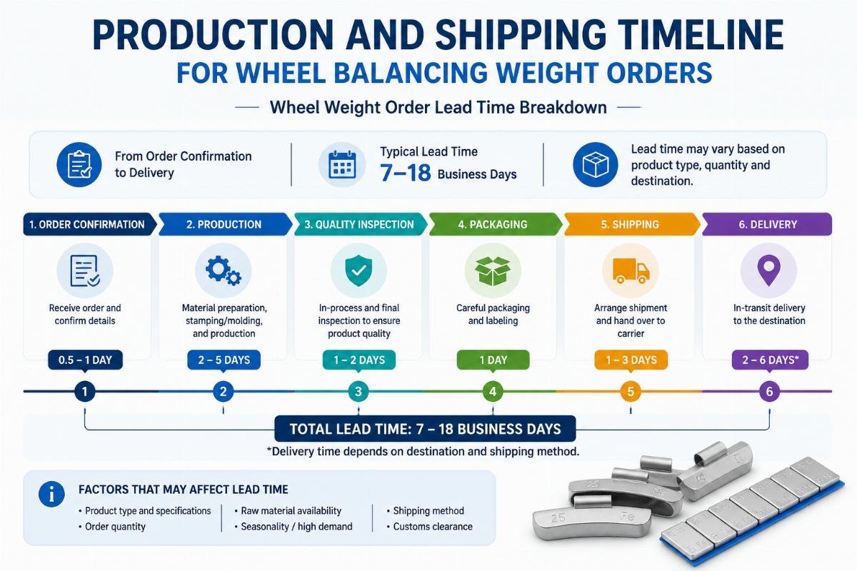 Production and shipping timeline infographic for wheel balancing weight orders