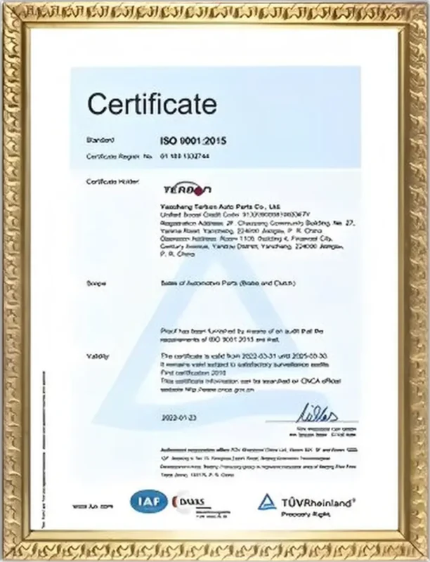 Framed quality management certificate for brake disc production