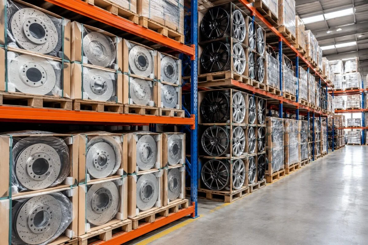 Warehouse aisle stacked with packed brake discs and alloy wheels ready for export