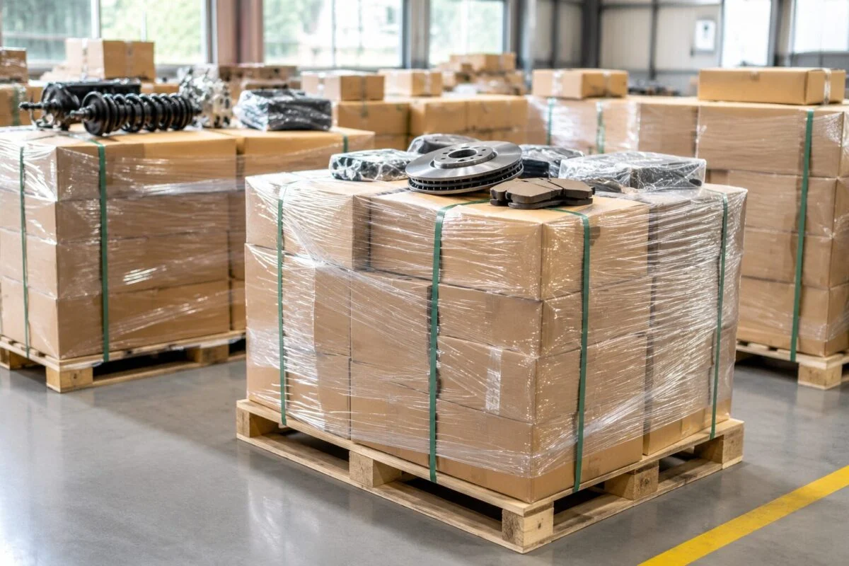 Auto parts packed in export cartons on pallets ready for shipment