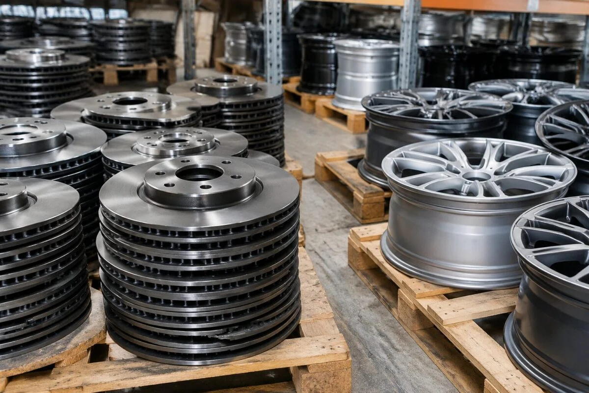 Stacked cast iron brake discs and alloy wheel rims in a parts warehouse