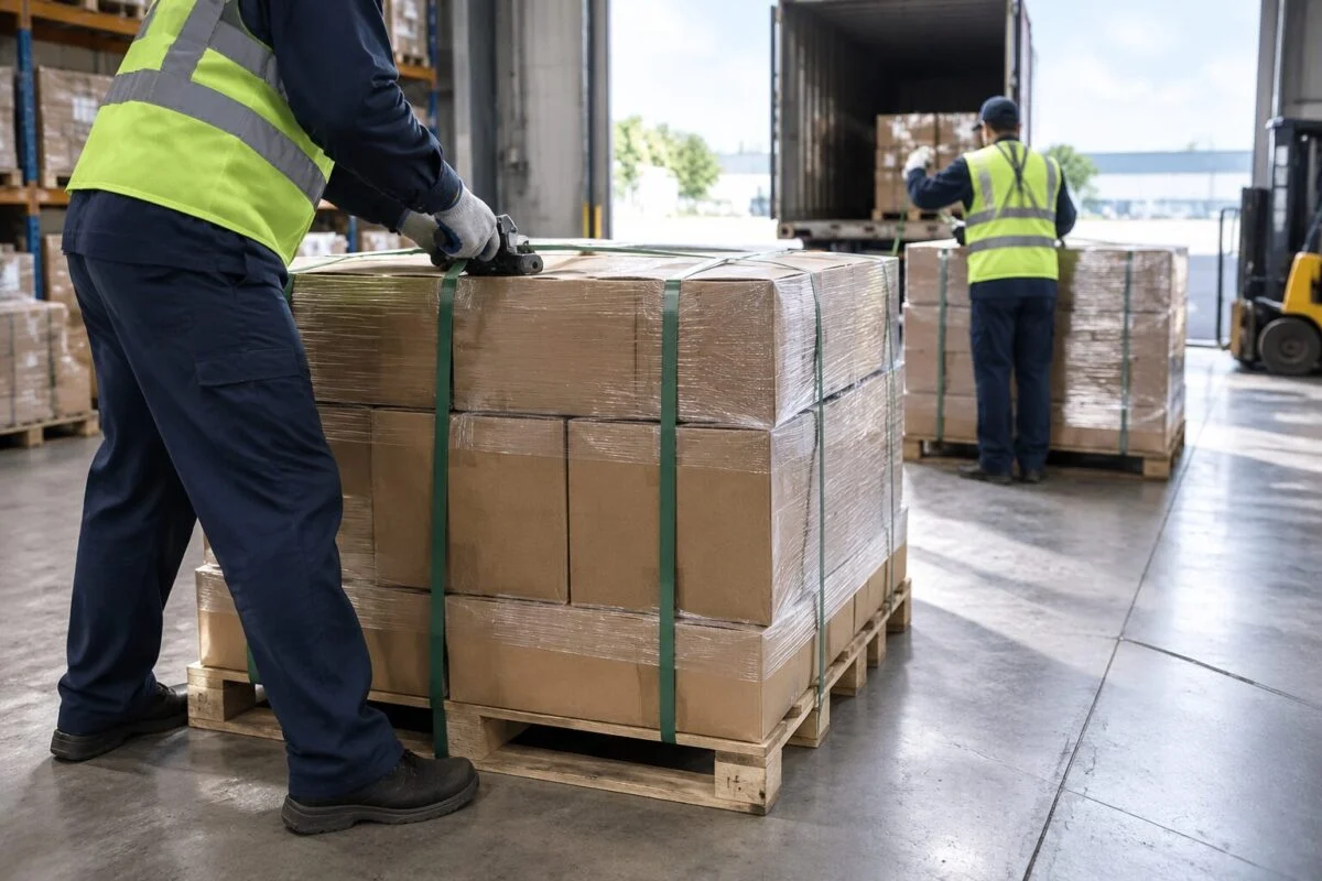 Workers strapping cartons of auto parts onto pallets in a warehouse loading bay