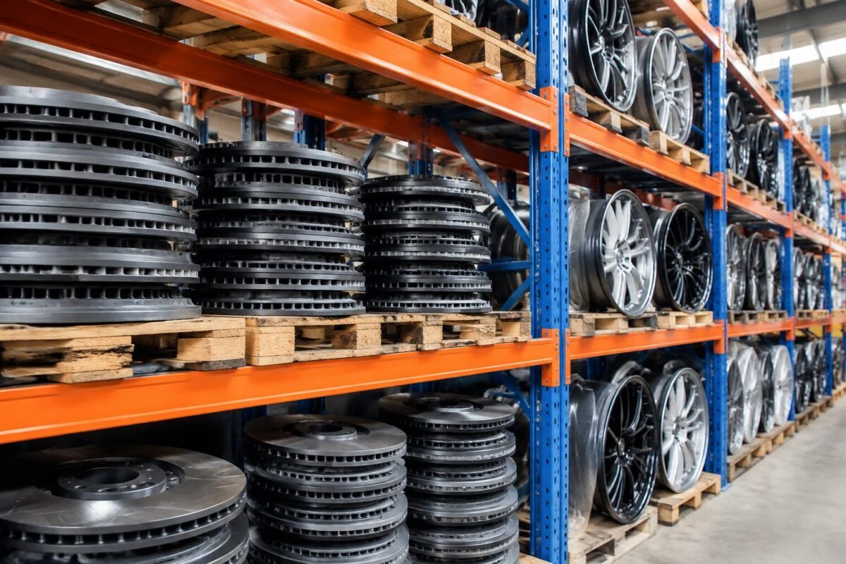 Stacked cast iron brake discs and alloy wheels on warehouse racks ready for export