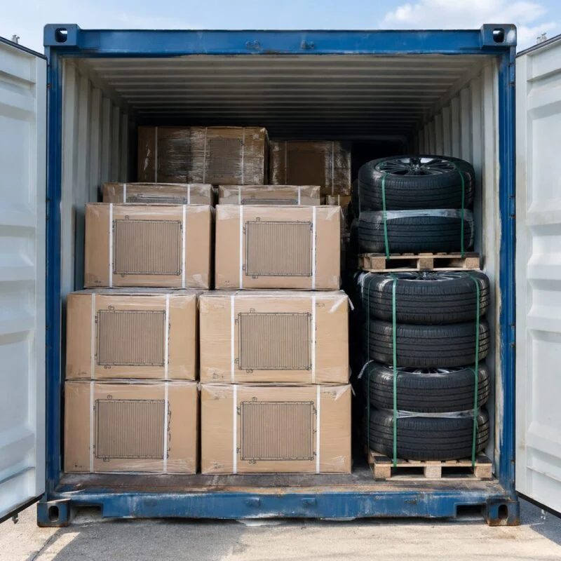 Shipping container being loaded with boxed radiators and wheels