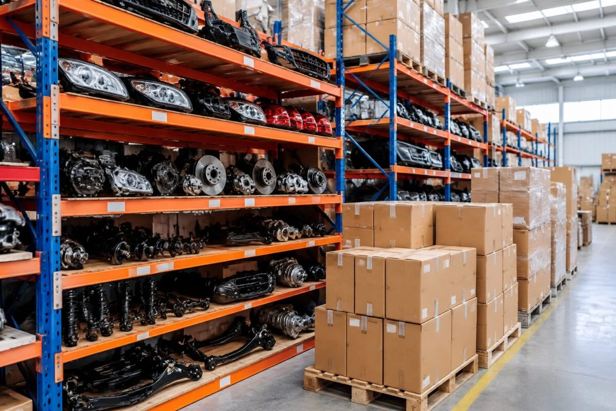Racked auto parts stock in a warehouse with packed export cartons